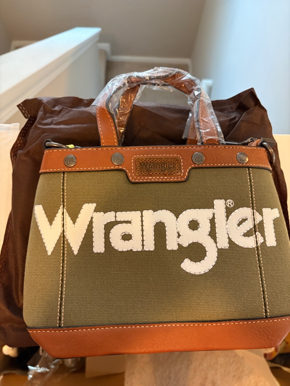 Wrangler Olive Green Canvas Messenger Bag with Tan Leather Trim